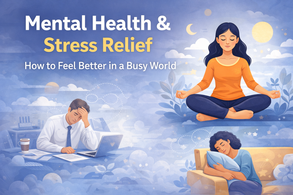 Mental health and stress relief illustrated with meditation, relaxation, and rest doctorexplains.org